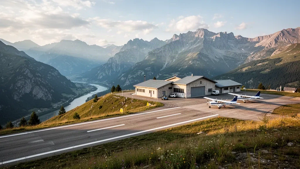 Light aircraft and low hangars beside a plateau runway at the alpine airfield near Mont-Dauphin and Saint-Crépin, Hautes-Alpes, at golden hour.