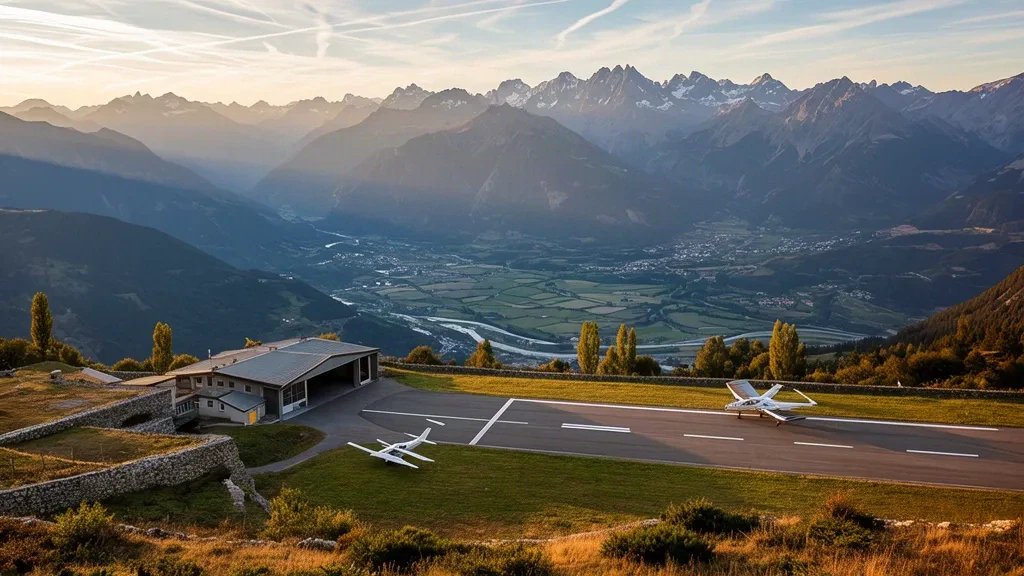 Runway and light aircraft at Mont-Dauphin–Saint-Crépin Airfield with Alpine peaks above the Durance valley in France.