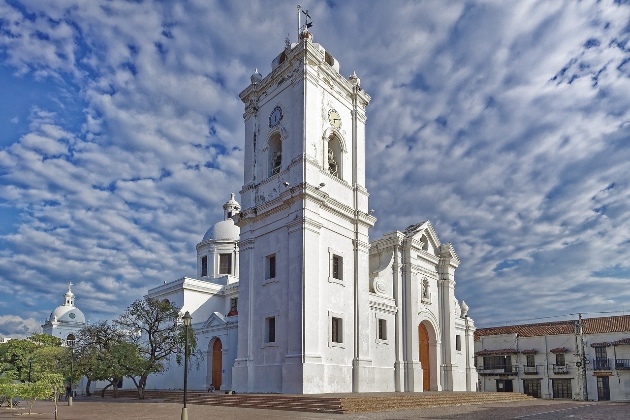 colombia, santa marta, nature, cathedral of santa marta, church, travel, building, city square, architecture, colonial style, historical, religion, heaven, clouds