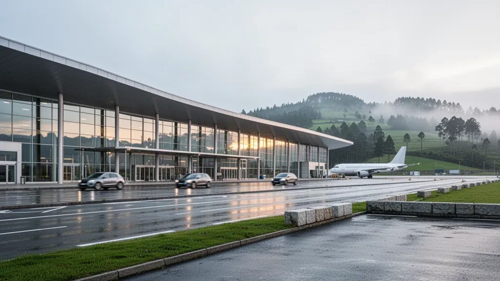 Terminal moderne en verre et voies de dépose à l'aéroport de Santiago-Rosalía de Castro en Galice sous la douce lumière matinale de l'Atlantique.