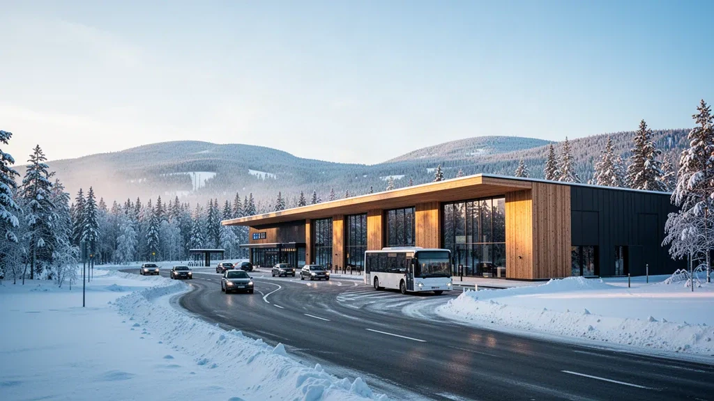 Terminal moderne en bois de l'aéroport de Scandinavian Mountains en hiver, entouré d'une forêt d'épicéas enneigée et de montagnes au loin sous une lumière dorée.
