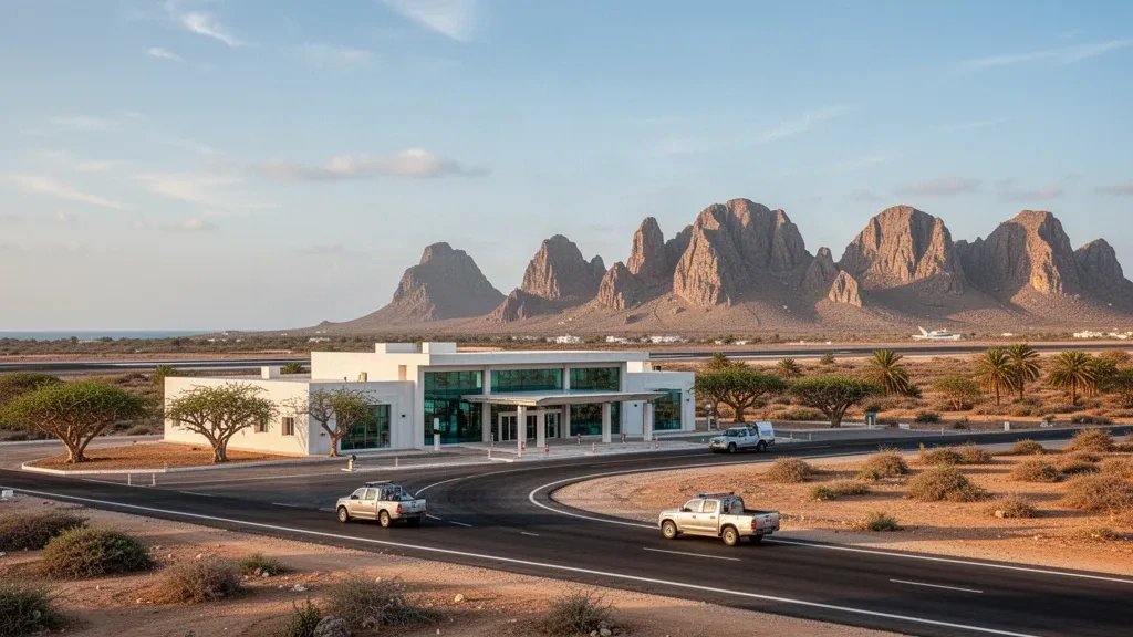 Hadibu, Yemen yakınlarındaki Socotra Havalimanı'nda altın saatlerde engebeli Hajhir dağlarının arka planında beyaz ve cam terminal ile boş pist