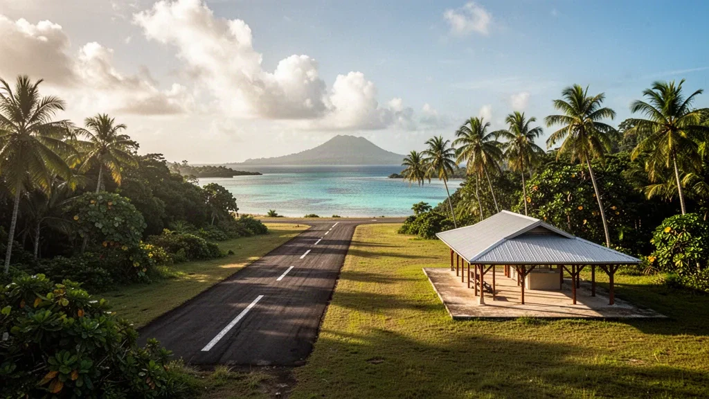 Remote tropical airstrip at Graciosa Bay in the Solomon Islands, framed by palms with Luova Airport's small terminal and turquoise lagoon beyond