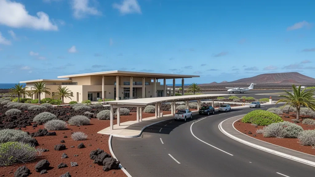 Extérieur d'un terminal de faible hauteur et voie de dépose le long du trottoir à l'aéroport de San Cristóbal, dans les Galápagos, sous un soleil équatorial éclatant