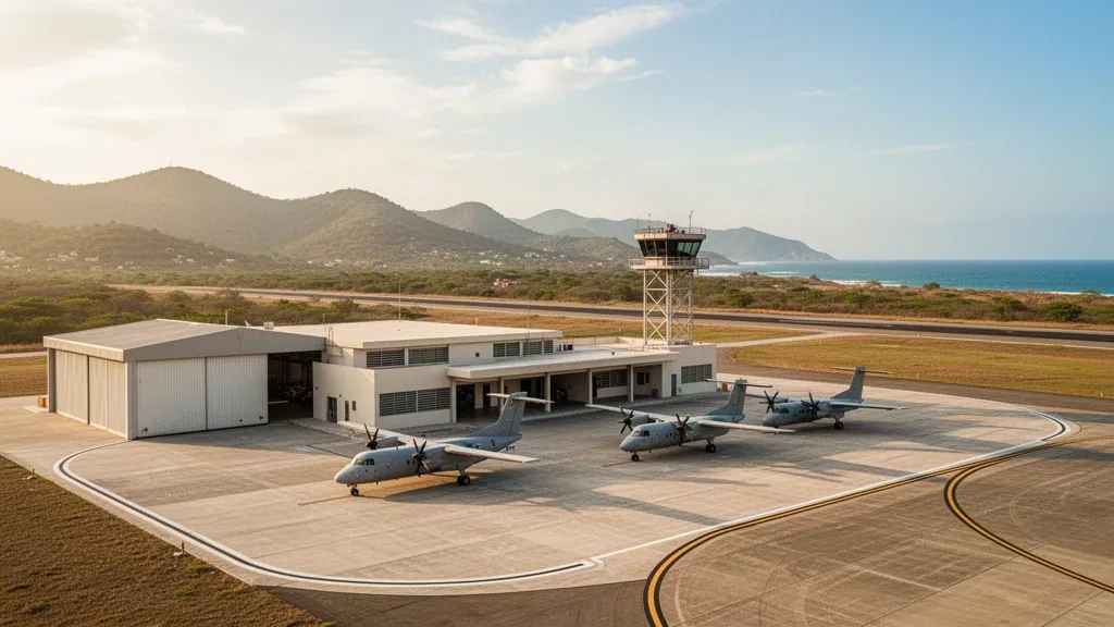Plataforma costera, hangar y torre de control en la Estación Aeronaval de Salina Cruz en Oaxaca, México, bajo una luz de hora dorada