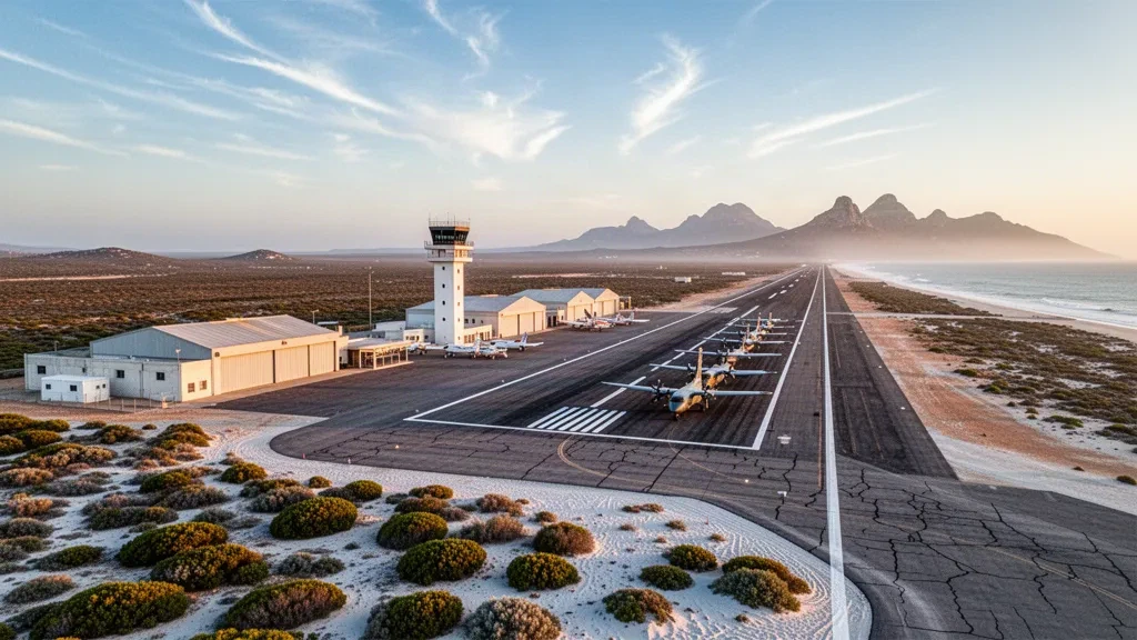 Vue large à l'heure dorée de la piste, des hangars et de la tour de contrôle de la base aérienne de Langebaanweg sur la côte ouest de l'Afrique du Sud