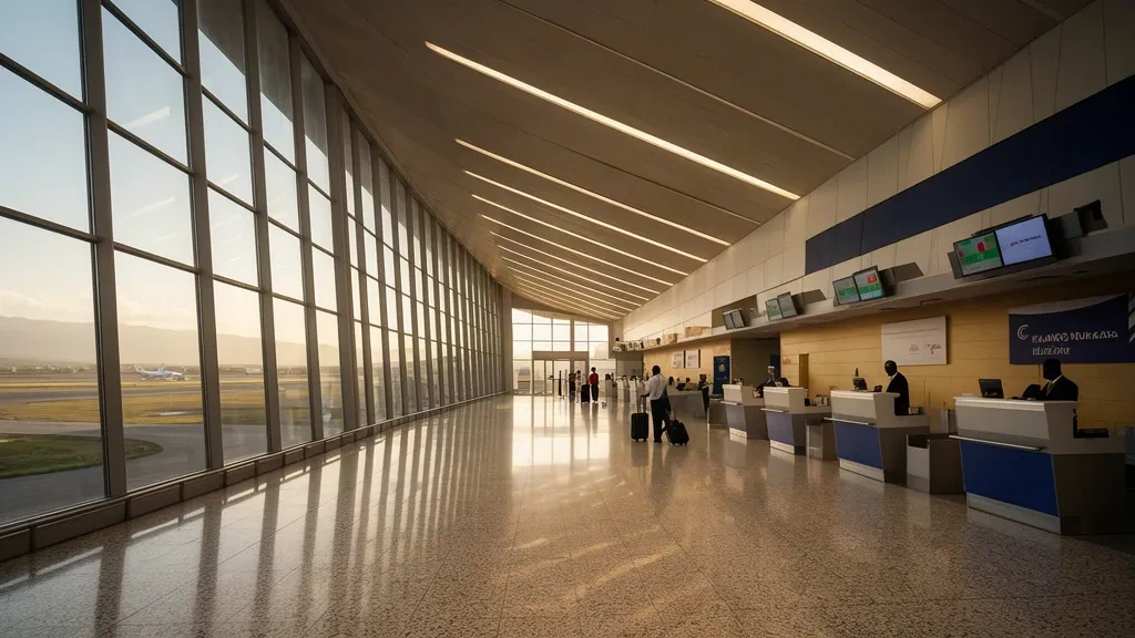 Bright terminal interior at Lubango Mukanka International Airport in Angola with travelers, check-in counters and runway views through glass