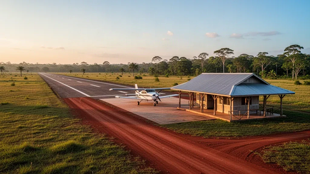 Ein kleines tropisches Terminal und eine Landebahn am Sand Creek Airport in Guyana mit einem Leichtflugzeug unter goldenem Abendhimmel.