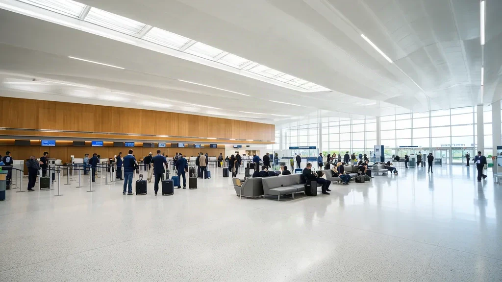 Sunlit main terminal interior at Louisville Muhammad Ali International Airport with travellers at check-in counters and glass walls