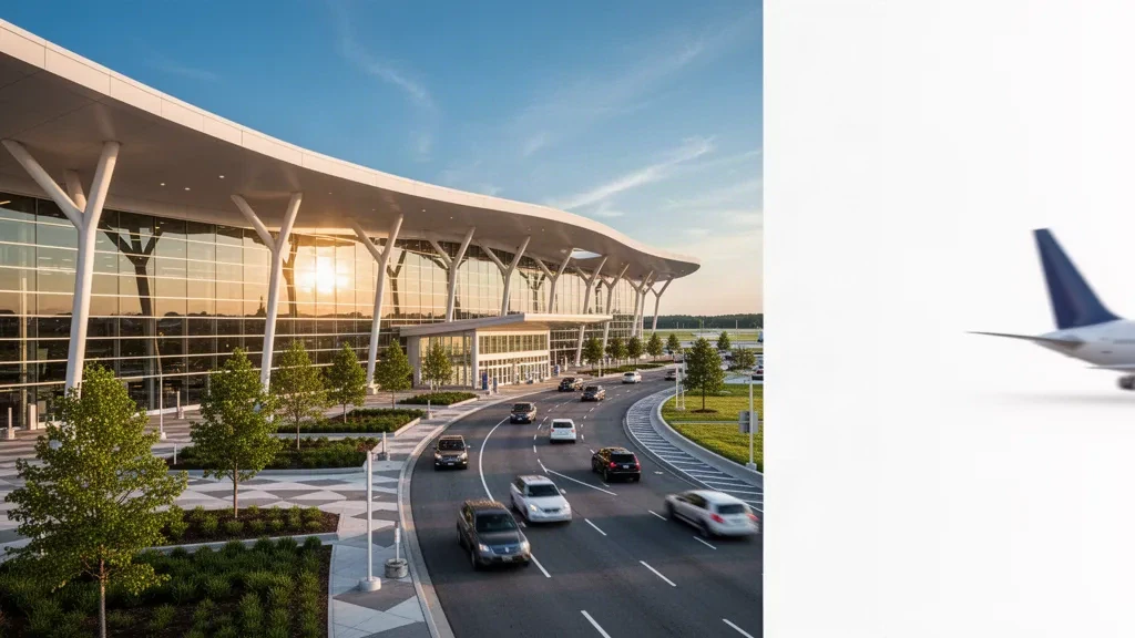 Moderne Glasfassade des Terminals am Louisville Muhammad Ali International Airport mit geschwungenem Vordach und Vorfahrtsbereichen zum Aussteigen in der Abendsonne