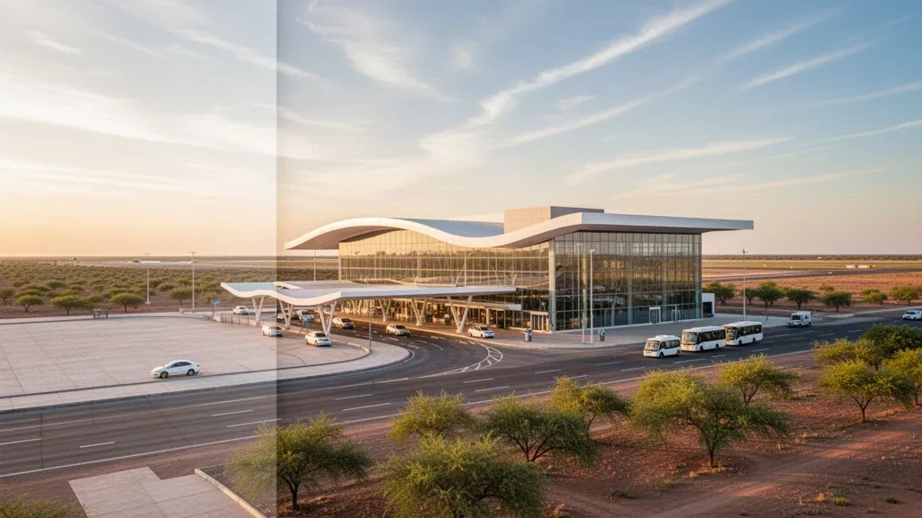Moderne Glasfassade des Terminals des Flughafens Vicecomodoro Ángel de la Paz Aragonés zur goldenen Stunde in Santiago del Estero, Argentinien.