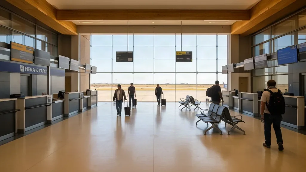 Helles Terminalinneres am Flughafen Vicecomodoro Ángel de la Paz Aragonés in Santiago del Estero, mit Reisenden und Blick auf das Vorfeld durch große Fenster.