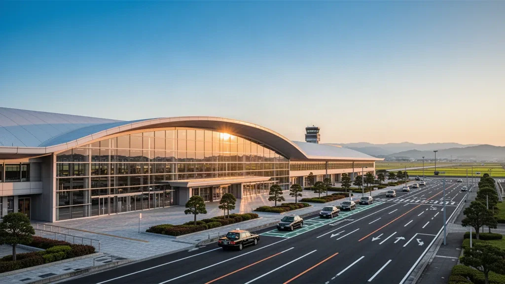 Modern curved-roof glass terminal exterior at Sendai Airport in Miyagi, Japan, glowing at golden hour with clean drop-off lanes and plaza