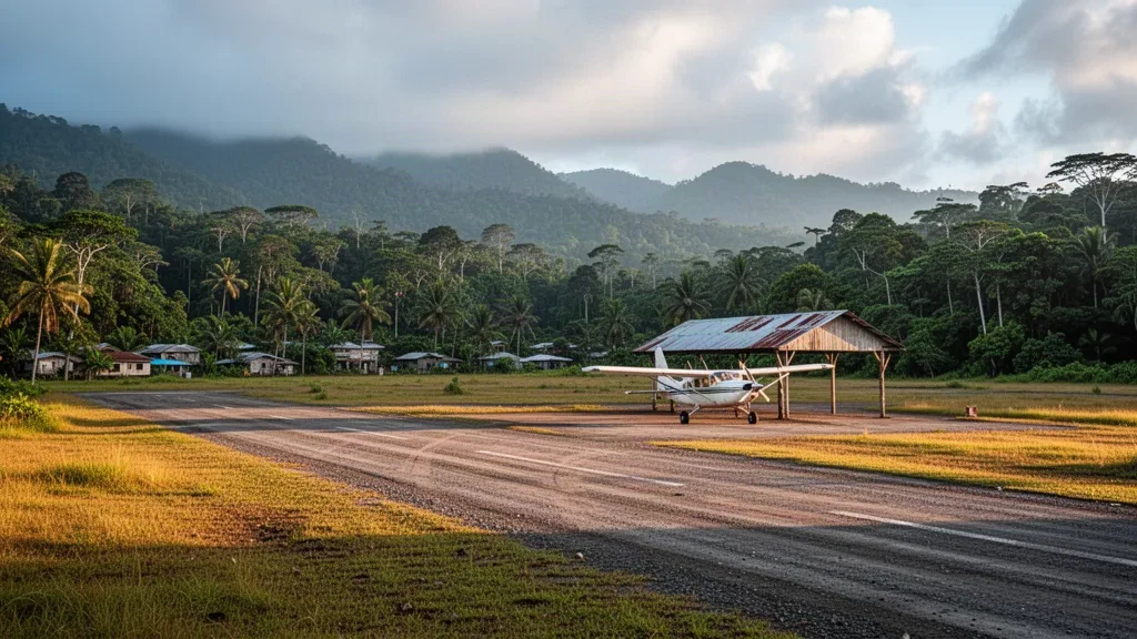 Abgelegene tropische Landebahn für Saidor in Papua-Neuguinea mit Graspiste, kleinem Buschflugzeug und regenwaldbedeckten Hügeln