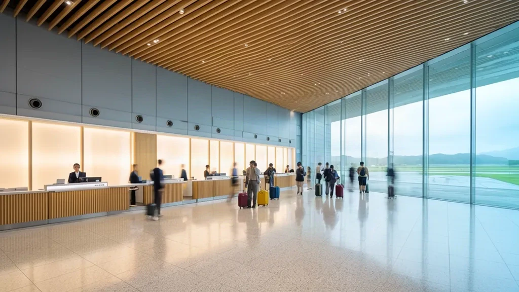 Helles Terminalinterieur des Flughafens Sendai SDJ in Japan mit Check-in-Schaltern, Holzlatten-Balkendecke und Reisenden mit Rollkoffern