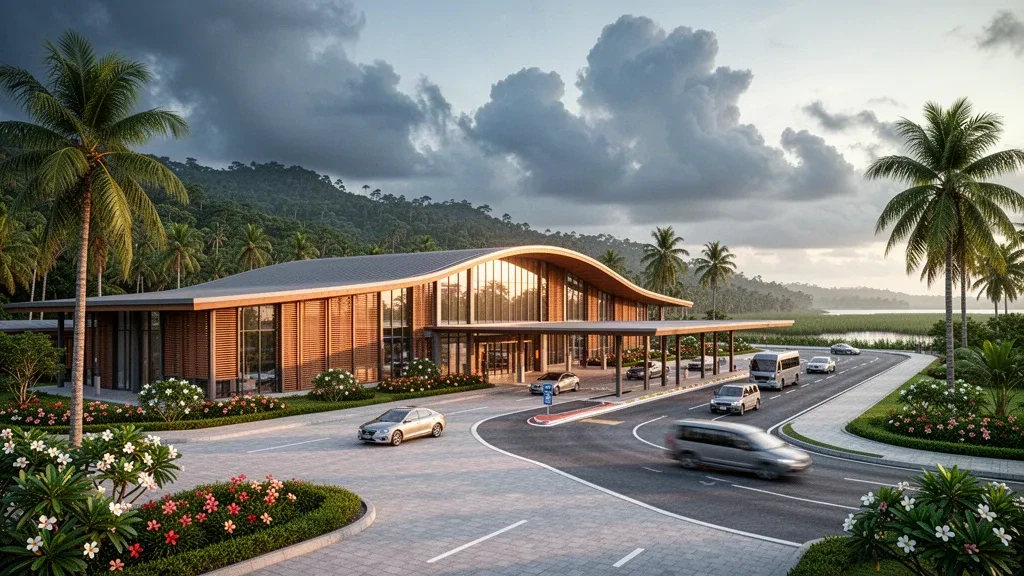 Vue à l'heure dorée du terminal moderne en verre de l'aéroport de Sandakan à Sabah, en Malaisie, encadré de palmiers tropicaux et de collines de forêt tropicale.