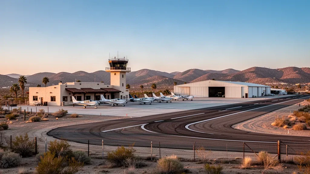 Light aircraft and hangars on the apron at Brown Field Municipal Airport in San Diego under warm golden-hour light near Otay Mesa.