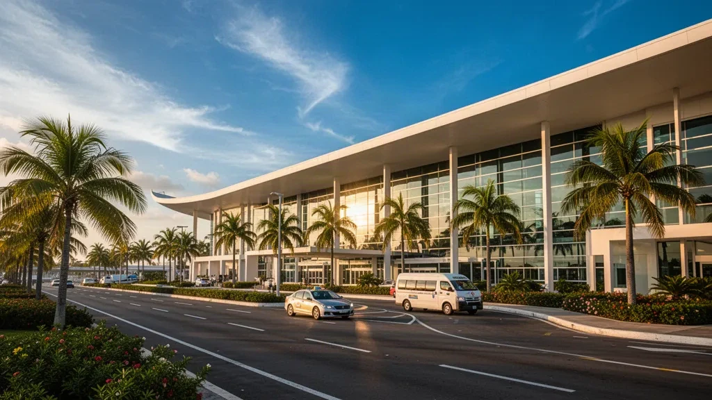 Golden-hour view of the modern glass terminal and palm-lined drop-off lanes at Las Américas International Airport in Santo Domingo