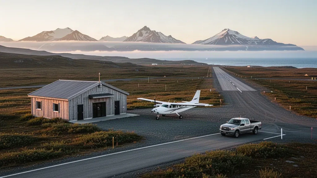 Pista di atterraggio costiera remota e piccolo terminal all'aeroporto di Sand Point in Alaska, con colline di tundra e picchi vulcanici sotto una luce dorata.