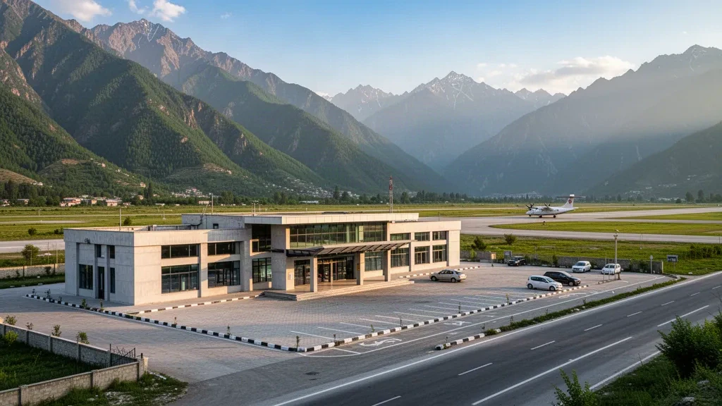 Kleines regionales Terminal am Flughafen Saidu Sharif im Swat-Tal in Pakistan, eingerahmt von grünen Bergkämmen im warmen Nachmittagslicht
