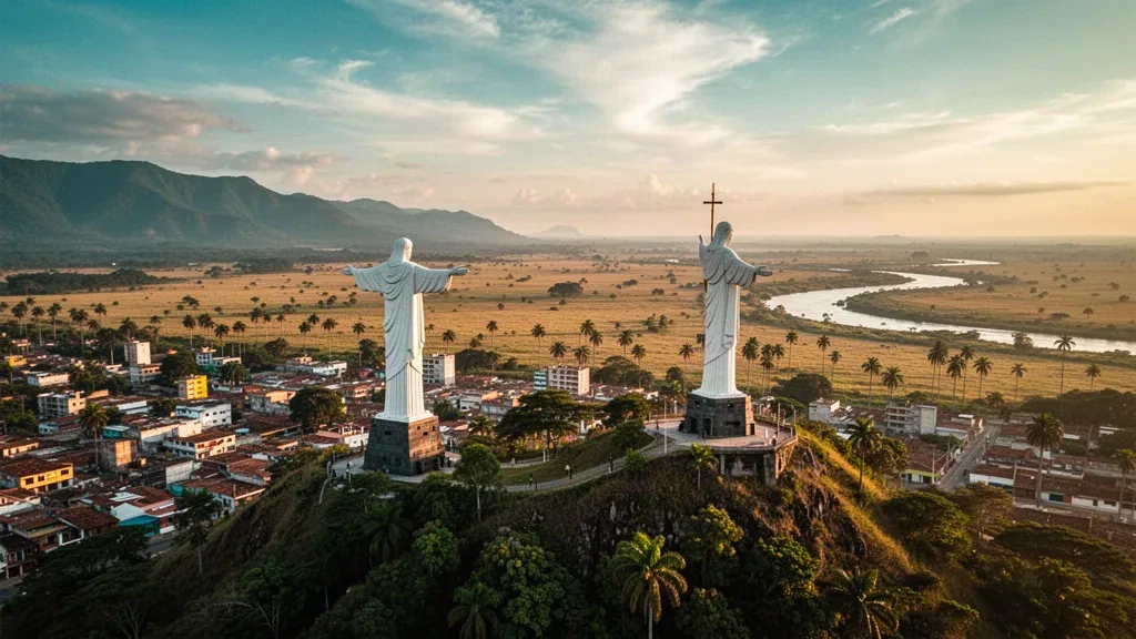 Monumento del Cristo Rey che domina Villavicencio e le verdi pianure del Meta, Colombia, all'ora d'oro