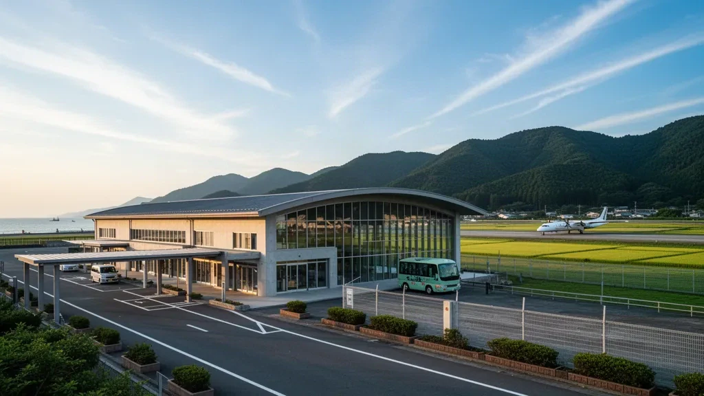 Terminal moderno e basso con corsia di scarico all'aeroporto di Sado sull'isola di Sado, in Giappone, incorniciato da colline verdi nella luce dell'ora dorata
