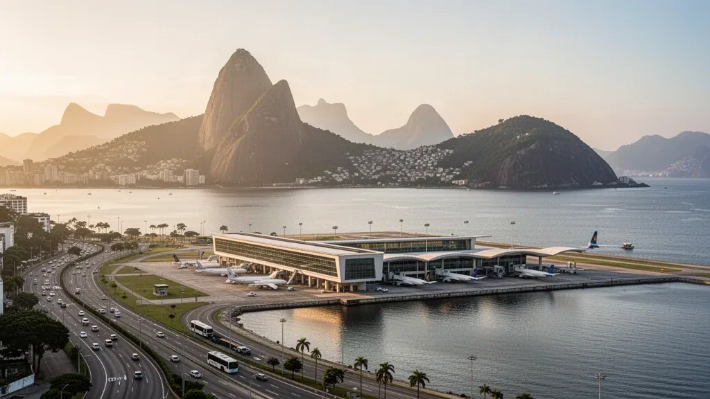 Rio de Janeiro'daki Santos Dumont Havalimanı'nda körfezin arkasında Sugarloaf Dağı ve altın saatlerde apronda uçaklarla birlikte sahil terminali.