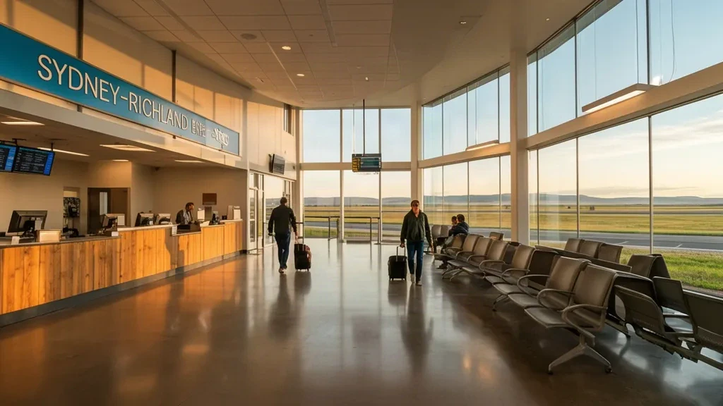 Sidney-Richland Regional Airport SDY terminal interior in Montana with check-in area and windows overlooking the airfield.