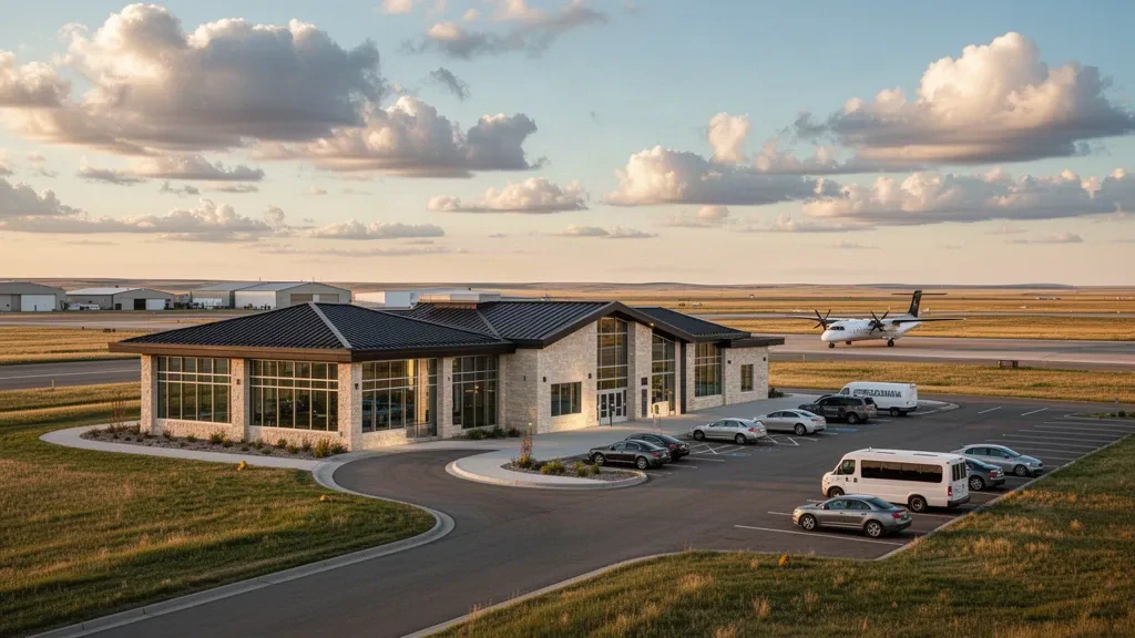 Modernes Terminal und Vorfeld am Sidney-Richland Regional Airport in Montana unter einem weiten Präriehimmel zur goldenen Stunde