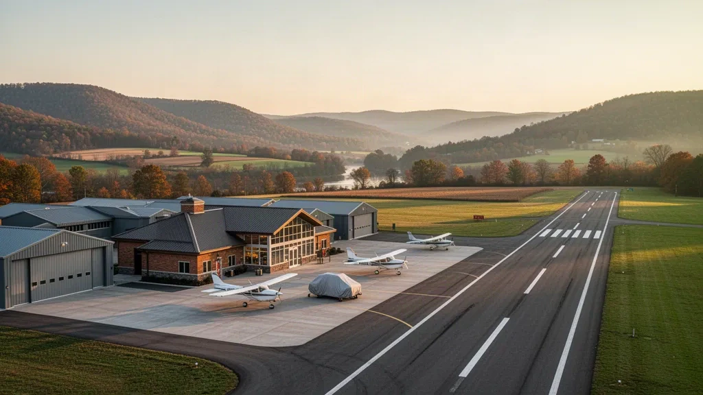 Small general aviation terminal, hangars and parked light aircraft at Penn Valley Airport near Selinsgrove, Pennsylvania, in golden morning light.