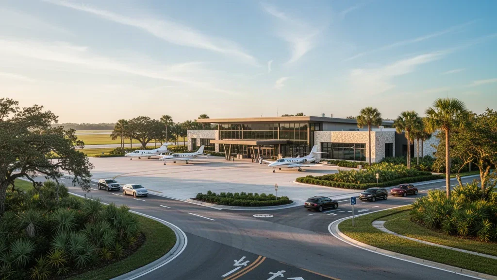 Terminal bas et avion léger sur le tarmac ensoleillé de l'aéroport régional de Sebring en Floride, encadré de palmiers et de chênes