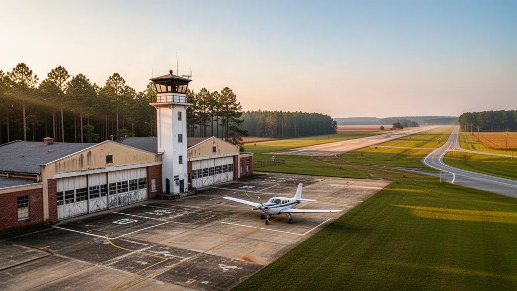 Weitwinkelansicht des Flughafens Craig Field in Selma, Alabama, mit seinem historischen Kontrollturm, Hangars und Start- und Landebahn in warmem Nachmittagslicht.