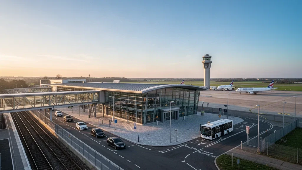 Essex'teki London Southend Havalimanı'nda modern cam terminal ve yolcu indirme şeritleri, park halindeki uçaklar ve altın saat gökyüzü