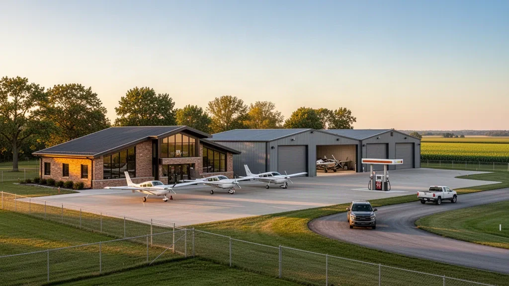 Pequeña terminal de aeropuerto de aviación general del Medio Oeste, hangares y aviones ligeros a la hora dorada en Seymour, Indiana