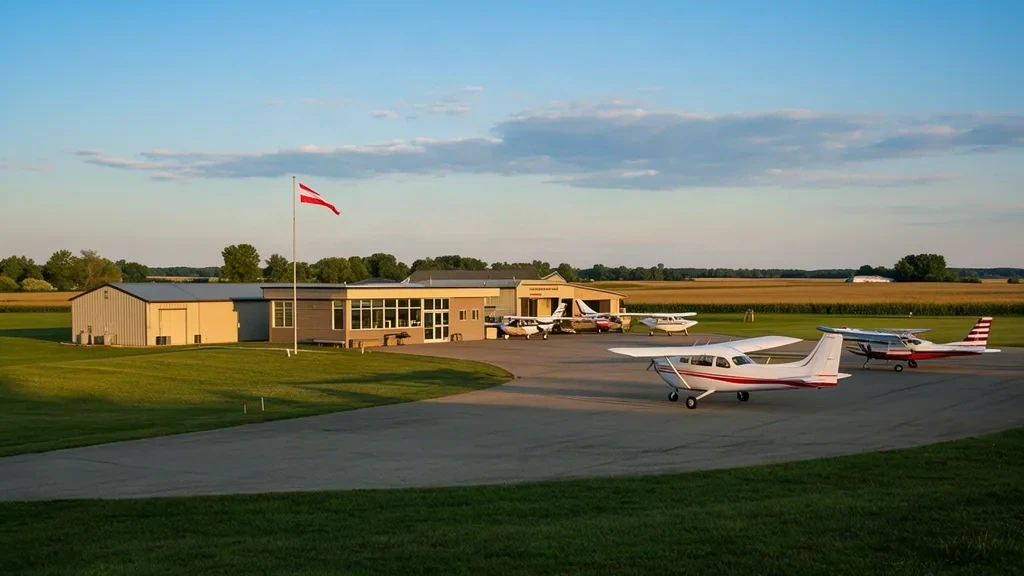 Seymour, Indiana'da Freeman Municipal Havalimanı terminalinin dış cephesi ve apronda park etmiş genel havacılık uçakları.