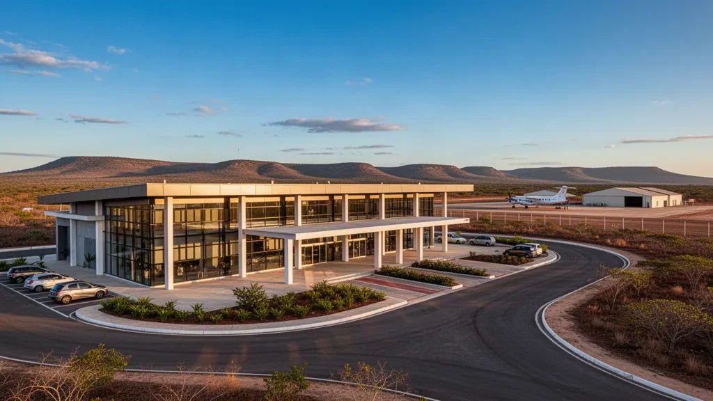 Moderne Glasfassade des Terminals und geschwungene Vorfahrtsstraße am Flughafen Santa Magalhães in Serra Talhada, Pernambuco, im warmen Licht der goldenen Stunde.