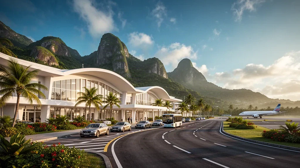 Modernes weißes Terminalgebäude am Seychellen International Airport auf Mahé, mit Haltebuchten am Straßenrand und Granitbergen zur goldenen Stunde