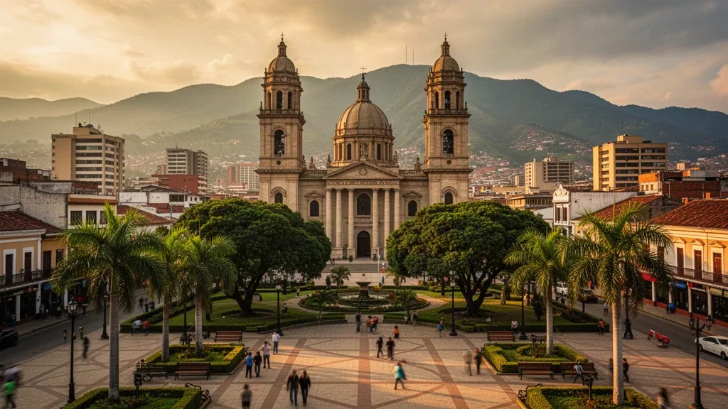 Veduta all'ora d'oro della Catedral de San José di Cúcuta che si erge sopra il verdeggiante Parque Santander nel Norte de Santander, Colombia