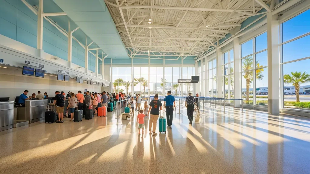 Helles Inneres des Terminals am Orlando Sanford International Airport mit Reisenden an den Check-in-Schaltern und floridianischem Sonnenlicht