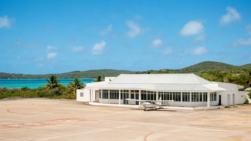 Guadeloupe'daki Saint-François Havalimanı SFC'de park etmiş hafif uçak, palmiyeler ve parlak tropikal gökyüzüyle küçük Karayip terminali ve apron