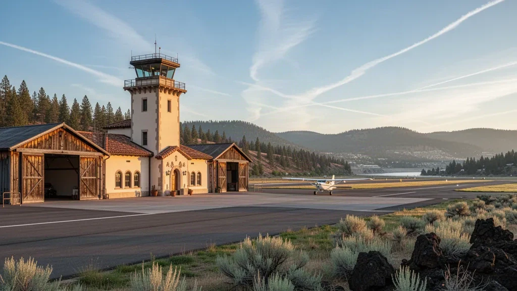Historic Felts Field terminal and control tower in Spokane, Washington, at golden hour with hangars and grass runway beyond.