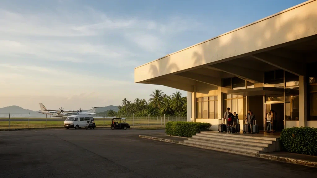 Reisende mit Gepäck vor dem bescheidenen Terminalgebäude des Flughafens San Fernando (SFE) in La Union, Philippinen, in warmem goldenen Licht