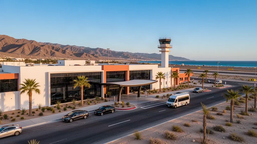 Vista durante la hora dorada de la terminal y el bordillo del Aeropuerto Internacional de San Felipe en Baja California, México
