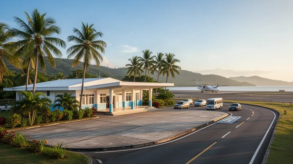 Edificio terminal tropicale e area di sosta alberata da palme presso l'Aeroporto di San Fernando a La Union, Filippine, nella calda luce dell'ora d'oro