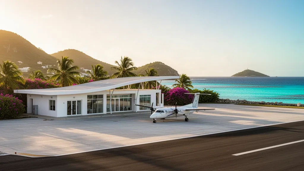 Pequeña aeronave de vuelos regionales en la pista costera del aeropuerto Grand Case-l'Espérance en Saint-Martin, junto al agua turquesa del Caribe