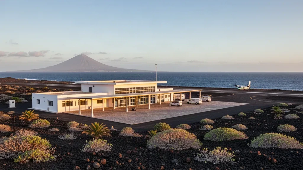 Blick zur goldenen Stunde auf den Flughafen São Filipe auf der Insel Fogo, Kap Verde, mit seinem niedrigen weißen Terminal, der Startbahn und der Vulkanlandschaft dahinter.