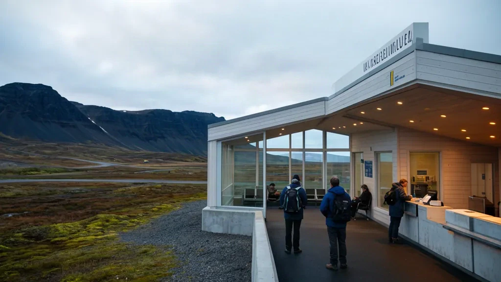Intérieur du terminal de l'aéroport international de Kangerlussuaq au Groenland, montrant un hall de départ lumineux, des voyageurs et des fenêtres donnant sur la toundra arctique.