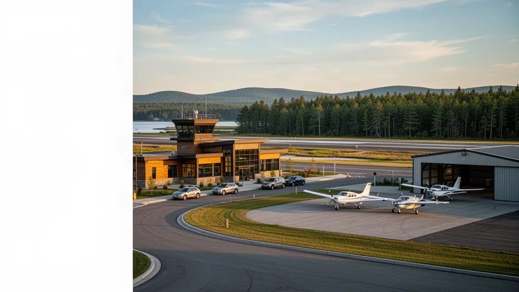 Piccolo terminal aeroportuale regionale, torre e pista vicino a Sanford, Maine, circondati da una pineta durante l'ora d'oro