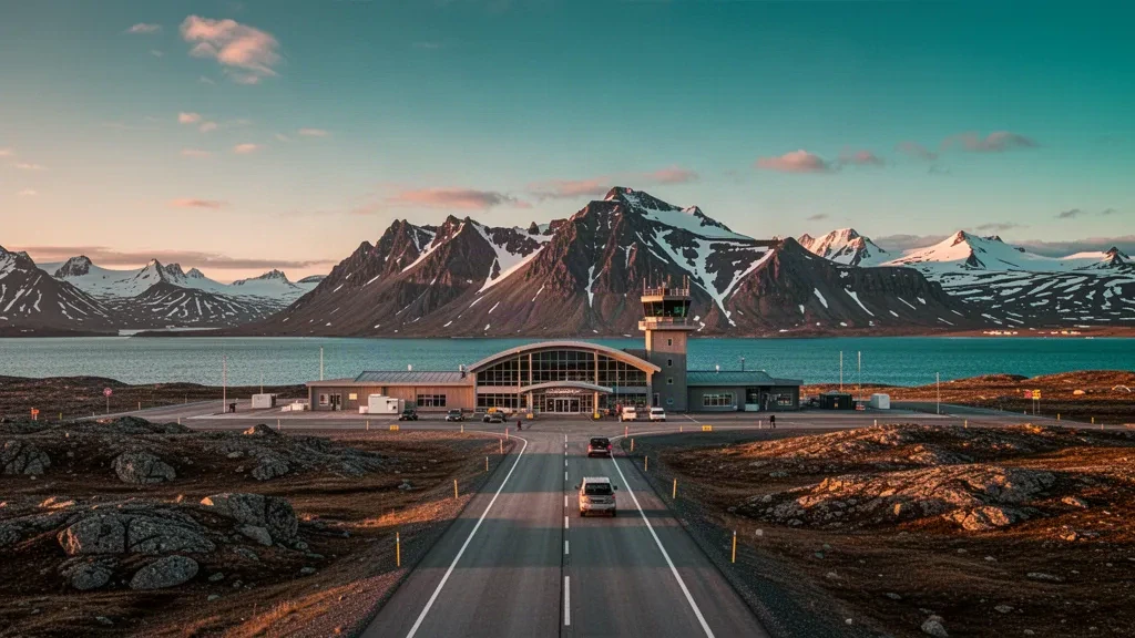 Terminal dell'Aeroporto Internazionale di Kangerlussuaq con montagne aspre e fiordo sullo sfondo sotto un cielo artico dorato.