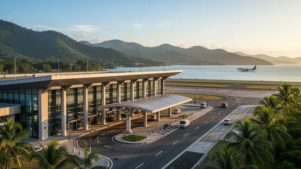 Terminal et piste de l'aéroport international de Subic Bay entourés de collines tropicales et de la baie à l'heure dorée